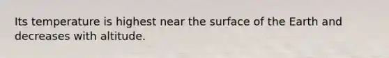 Its temperature is highest near the surface of the Earth and decreases with altitude.