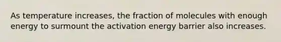 As temperature increases, the fraction of molecules with enough energy to surmount the activation energy barrier also increases.