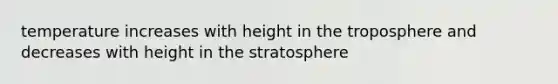 temperature increases with height in the troposphere and decreases with height in the stratosphere