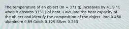 The temperature of an object (m = 371 g) increases by 41.9 °C when it absorbs 3731 J of heat. Calculate the heat capacity of the object and identify the composition of the object. iron 0.450 aluminum 0.89 Golds 0.129 Silver 0.233