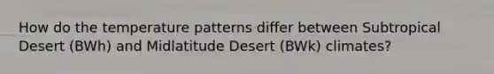 How do the temperature patterns differ between Subtropical Desert (BWh) and Midlatitude Desert (BWk) climates?