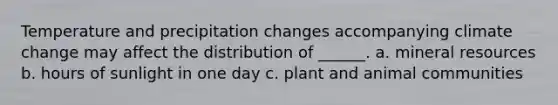 Temperature and precipitation changes accompanying climate change may affect the distribution of ______. a. mineral resources b. hours of sunlight in one day c. plant and animal communities