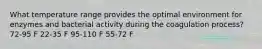 What temperature range provides the optimal environment for enzymes and bacterial activity during the coagulation process? 72-95 F 22-35 F 95-110 F 55-72 F