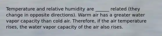 Temperature and relative humidity are ______ related (they change in opposite directions). Warm air has a greater water vapor capacity than cold air. Therefore, if the air temperature rises, the water vapor capacity of the air also rises.