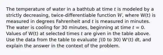 The temperature of water in a bathtub at time 𝑡 is modeled by a strictly decreasing, twice-differentiable function 𝑊, where W(t) is measured in degrees Fahrenheit and 𝑡 is measured in minutes. The water is cooling for 30 minutes, beginning at time 𝑡 = 0. Values of W(t) at selected times 𝑡 are given in the table above. Use the data from the table to evaluate ∫(0 to 30) W'(t) dt, and explain the answer in the context of the problem.