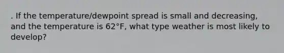 . If the temperature/dewpoint spread is small and decreasing, and the temperature is 62°F, what type weather is most likely to develop?