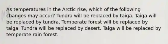 As temperatures in the Arctic rise, which of the following changes may occur? Tundra will be replaced by taiga. Taiga will be replaced by tundra. Temperate forest will be replaced by taiga. Tundra will be replaced by desert. Taiga will be replaced by temperate rain forest.