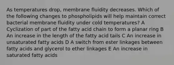 As temperatures drop, membrane fluidity decreases. Which of the following changes to phospholipids will help maintain correct bacterial membrane fluidity under cold temperatures? A Cyclization of part of the fatty acid chain to form a planar ring B An increase in the length of the fatty acid tails C An increase in unsaturated fatty acids D A switch from ester linkages between fatty acids and glycerol to ether linkages E An increase in saturated fatty acids