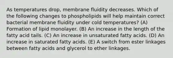 As temperatures drop, membrane fluidity decreases. Which of the following changes to phospholipids will help maintain correct bacterial membrane fluidity under cold temperatures? (A) Formation of lipid monolayer. (B) An increase in the length of the fatty acid tails. (C) An increase in unsaturated fatty acids. (D) An increase in saturated fatty acids. (E) A switch from ester linkages between fatty acids and glycerol to ether linkages.