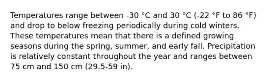 Temperatures range between -30 °C and 30 °C (-22 °F to 86 °F) and drop to below freezing periodically during cold winters. These temperatures mean that there is a defined growing seasons during the spring, summer, and early fall. Precipitation is relatively constant throughout the year and ranges between 75 cm and 150 cm (29.5-59 in).