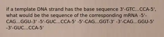 if a template DNA strand has the base sequence 3'-GTC...CCA-5', what would be the sequence of the corresponding mRNA -5'-CAG...GGU-3' -5'-GUC...CCA-5' -5'-CAG...GGT-3' -3'-CAG...GGU-5' -3'-GUC...CCA-5'