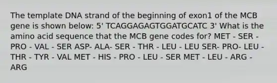 The template DNA strand of the beginning of exon1 of the MCB gene is shown below: 5' TCAGGAGAGTGGATGCATC 3' What is the amino acid sequence that the MCB gene codes for? MET - SER - PRO - VAL - SER ASP- ALA- SER - THR - LEU - LEU SER- PRO- LEU - THR - TYR - VAL MET - HIS - PRO - LEU - SER MET - LEU - ARG - ARG