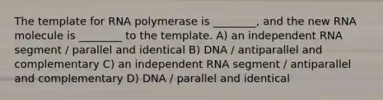 The template for RNA polymerase is ________, and the new RNA molecule is ________ to the template. A) an independent RNA segment / parallel and identical B) DNA / antiparallel and complementary C) an independent RNA segment / antiparallel and complementary D) DNA / parallel and identical