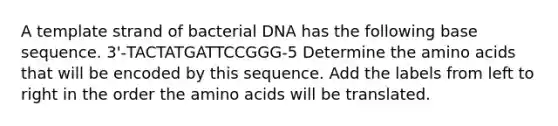 A template strand of bacterial DNA has the following base sequence. 3'‑TACTATGATTCCGGG‑5 Determine the amino acids that will be encoded by this sequence. Add the labels from left to right in the order the amino acids will be translated.