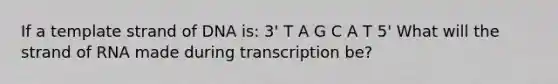 If a template strand of DNA is: 3' T A G C A T 5' What will the strand of RNA made during transcription be?