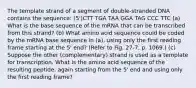 The template strand of a segment of double-stranded DNA contains the sequence: (5')CTT TGA TAA GGA TAG CCC TTC (a) What is the base sequence of the mRNA that can be transcribed from this strand? (b) What amino acid sequence could be coded by the mRNA base sequence in (a), using only the first reading frame starting at the 5' end? (Refer to Fig. 27-7, p. 1069.) (c) Suppose the other (complementary) strand is used as a template for transcription. What is the amino acid sequence of the resulting peptide, again starting from the 5' end and using only the first reading frame?