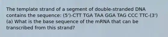 The template strand of a segment of double-stranded DNA contains the sequence: (5')-CTT TGA TAA GGA TAG CCC TTC-(3') (a) What is the base sequence of the mRNA that can be transcribed from this strand?