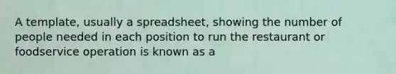 A template, usually a spreadsheet, showing the number of people needed in each position to run the restaurant or foodservice operation is known as a