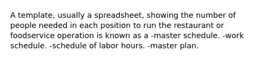 A template, usually a spreadsheet, showing the number of people needed in each position to run the restaurant or foodservice operation is known as a -master schedule. -work schedule. -schedule of labor hours. -master plan.