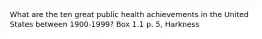 What are the ten great public health achievements in the United States between 1900-1999? Box 1.1 p. 5, Harkness