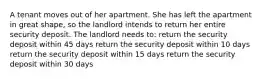 A tenant moves out of her apartment. She has left the apartment in great shape, so the landlord intends to return her entire security deposit. The landlord needs to: return the security deposit within 45 days return the security deposit within 10 days return the security deposit within 15 days return the security deposit within 30 days