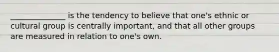 ______________ is the tendency to believe that one's ethnic or cultural group is centrally important, and that all other groups are measured in relation to one's own.