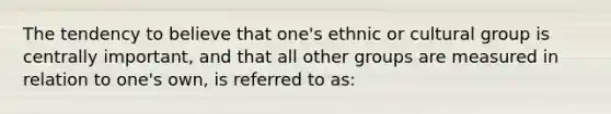 The tendency to believe that one's ethnic or cultural group is centrally important, and that all other groups are measured in relation to one's own, is referred to as: