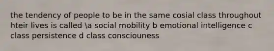 the tendency of people to be in the same cosial class throughout hteir lives is called a social mobility b emotional intelligence c class persistence d class consciouness