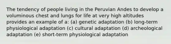 The tendency of people living in the Peruvian Andes to develop a voluminous chest and lungs for life at very high altitudes provides an example of a: (a) genetic adaptation (b) long-term physiological adaptation (c) cultural adaptation (d) archeological adaptation (e) short-term physiological adaptation