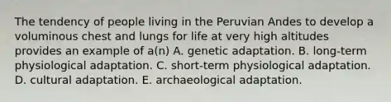 The tendency of people living in the Peruvian Andes to develop a voluminous chest and lungs for life at very high altitudes provides an example of a(n) A. genetic adaptation. B. long-term physiological adaptation. C. short-term physiological adaptation. D. cultural adaptation. E. archaeological adaptation.