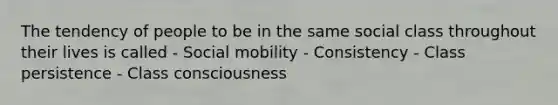 The tendency of people to be in the same social class throughout their lives is called - Social mobility - Consistency - Class persistence - Class consciousness