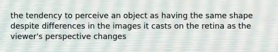 the tendency to perceive an object as having the same shape despite differences in the images it casts on the retina as the viewer's perspective changes