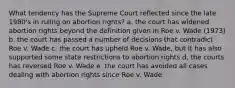 What tendency has the Supreme Court reflected since the late 1980's in ruling on abortion rights? a. the court has widened abortion rights beyond the definition given in Roe v. Wade (1973) b. the court has passed a number of decisions that contradict Roe v. Wade c. the court has upheld Roe v. Wade, but it has also supported some state restrictions to abortion rights d. the courts has reversed Roe v. Wade e. the court has avoided all cases dealing with abortion rights since Roe v. Wade