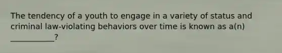 The tendency of a youth to engage in a variety of status and criminal law-violating behaviors over time is known as a(n) ___________?