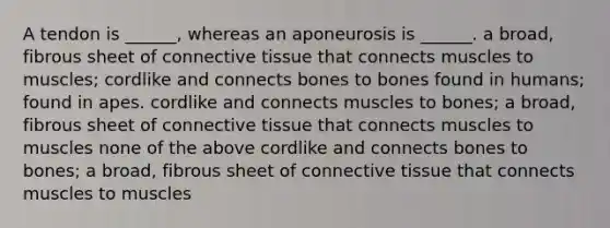 A tendon is ______, whereas an aponeurosis is ______. a broad, fibrous sheet of connective tissue that connects muscles to muscles; cordlike and connects bones to bones found in humans; found in apes. cordlike and connects muscles to bones; a broad, fibrous sheet of connective tissue that connects muscles to muscles none of the above cordlike and connects bones to bones; a broad, fibrous sheet of connective tissue that connects muscles to muscles