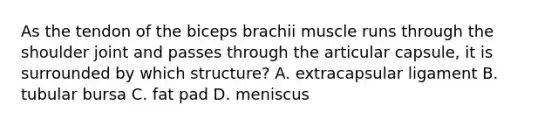 As the tendon of the biceps brachii muscle runs through the shoulder joint and passes through the articular capsule, it is surrounded by which structure? A. extracapsular ligament B. tubular bursa C. fat pad D. meniscus