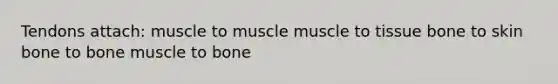 Tendons attach: muscle to muscle muscle to tissue bone to skin bone to bone muscle to bone