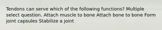 Tendons can serve which of the following functions? Multiple select question. Attach muscle to bone Attach bone to bone Form joint capsules Stabilize a joint