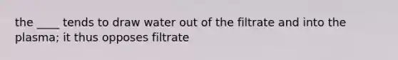 the ____ tends to draw water out of the filtrate and into the plasma; it thus opposes filtrate