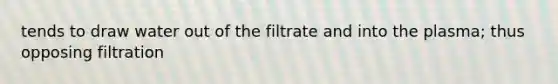 tends to draw water out of the filtrate and into the plasma; thus opposing filtration