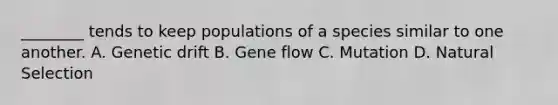 ________ tends to keep populations of a species similar to one another. A. Genetic drift B. Gene flow C. Mutation D. Natural Selection