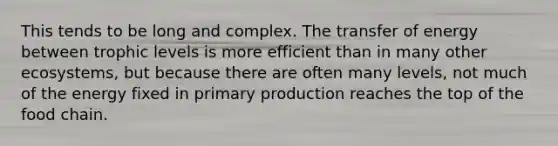 This tends to be long and complex. The transfer of energy between trophic levels is more efficient than in many other ecosystems, but because there are often many levels, not much of the energy fixed in primary production reaches the top of the food chain.