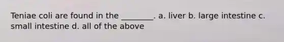 Teniae coli are found in the ________. a. liver b. large intestine c. small intestine d. all of the above