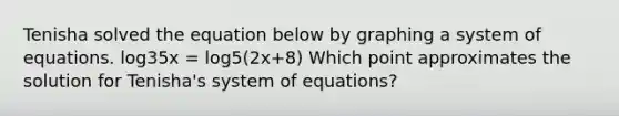 Tenisha solved the equation below by graphing a system of equations. log35x = log5(2x+8) Which point approximates the solution for Tenisha's system of equations?