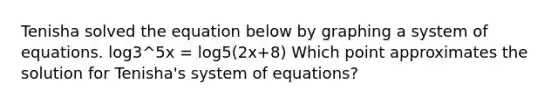 Tenisha solved the equation below by graphing a system of equations. log3^5x = log5(2x+8) Which point approximates the solution for Tenisha's system of equations?