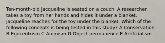 Ten-month-old Jacqueline is seated on a couch. A researcher takes a toy from her hands and hides it under a blanket. Jacqueline reaches for the toy under the blanket. Which of the following concepts is being tested in this study? A Conservation B Egocentrism C Animism D Object permanence E Artificialism