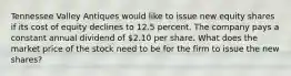 Tennessee Valley Antiques would like to issue new equity shares if its cost of equity declines to 12.5 percent. The company pays a constant annual dividend of 2.10 per share. What does the market price of the stock need to be for the firm to issue the new shares?