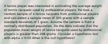 A tennis player was interested in estimating the average weight of tennis racquets used by professional players. He took a random sample of 4 tennis racquets from professional players and calculated a sample mean of 300 grams with a sample standard deviation of 1 gram. Assume the sample is from a normally distributed population. Do the data indicate that the population mean weight of tennis racquets used by professional players is greater than 298 grams. Consider a hypothesis test with alpha = 0.05.What is the null hypothesis?