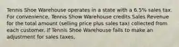 Tennis Shoe Warehouse operates in a state with a 6.5% sales tax. For convenience, Tennis Show Warehouse credits Sales Revenue for the total amount (selling price plus sales tax) collected from each customer. If Tennis Shoe Warehouse fails to make an adjustment for sales taxes,