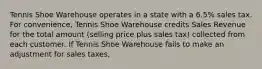 Tennis Shoe Warehouse operates in a state with a​ 6.5% sales tax. For​ convenience, Tennis Shoe Warehouse credits Sales Revenue for the total amount​ (selling price plus sales​ tax) collected from each customer. If Tennis Shoe Warehouse fails to make an adjustment for sales​ taxes,